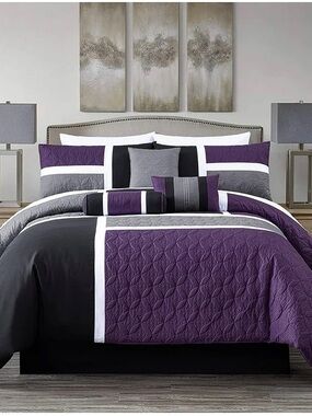 Purple and Gray Quilted Queen 3 piece Comforter Set